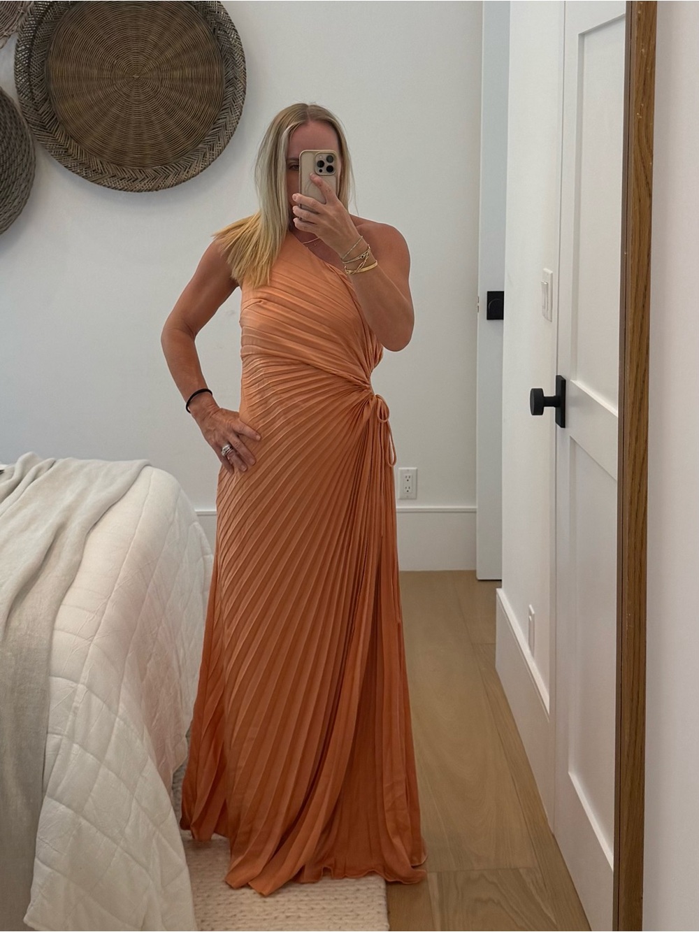 Hello Molly One-Shoulder Pleated Maxi Dress in Coral-Orange